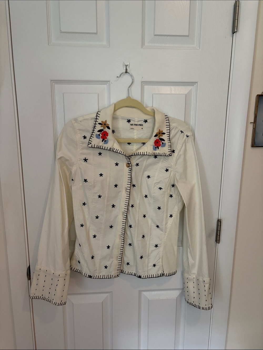 We The Free Cream Embroidered Star Jean Jacket with Floral Collar